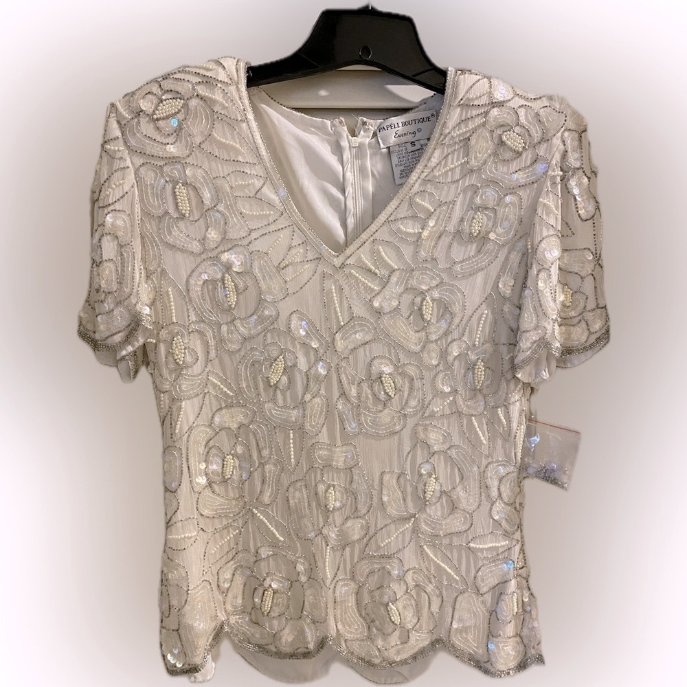 Silk Vintage Papell Boutique white beaded scalloped blouse